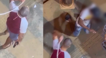 PM de folga bate com fio contra homem ajoelhado que esperava prato de macarrão